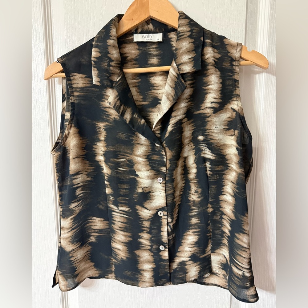 Wallis Petite Sleeveless Blouse Size 14 Brown Black Print